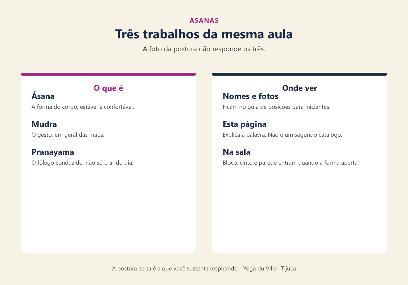 Infográfico: ásana, mudra e pranayama como três trabalhos da mesma aula