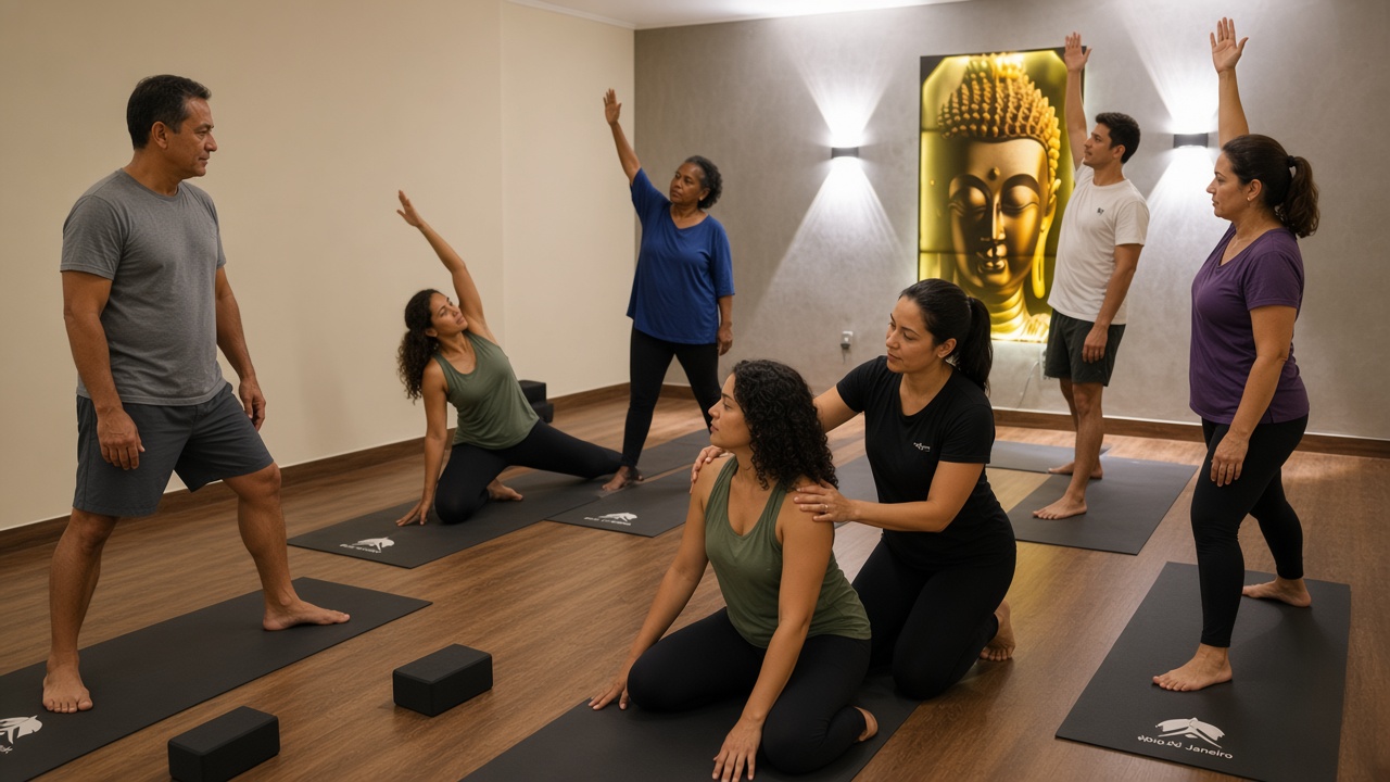 Professora orientando alunos em aula de Hatha Yoga no estúdio