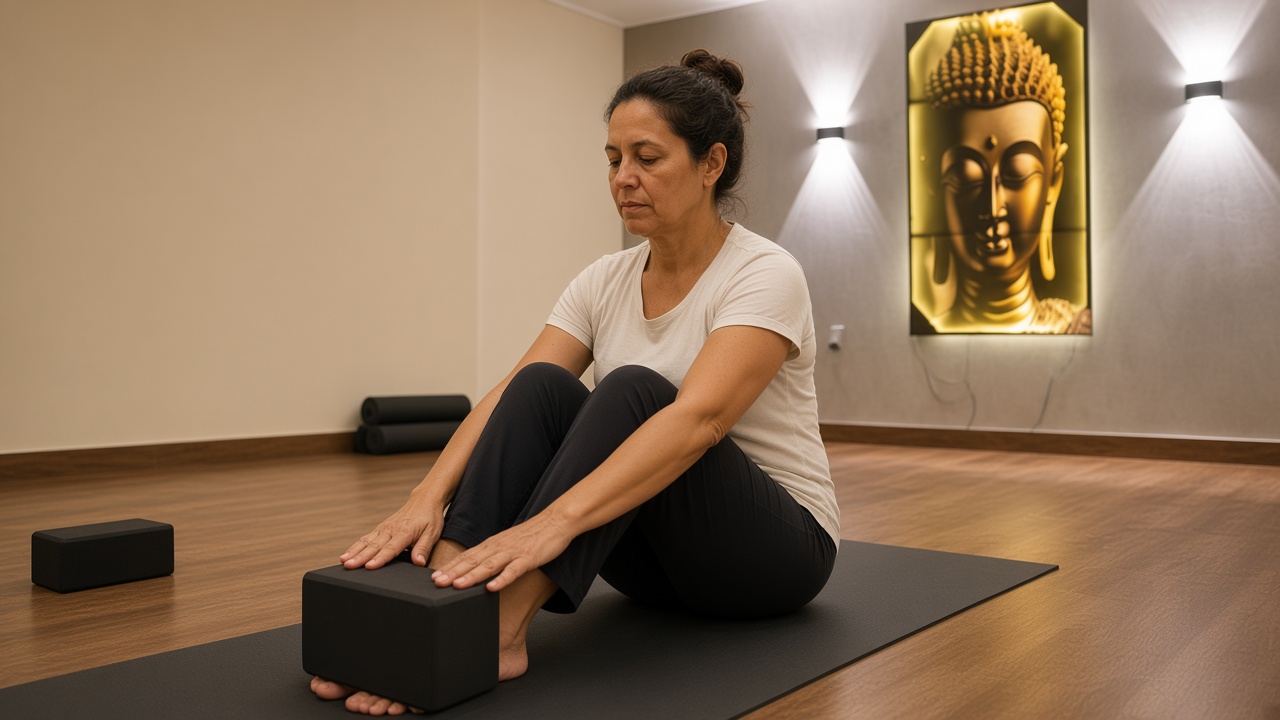 Aluna iniciante em adaptação de Hatha Yoga com bloco