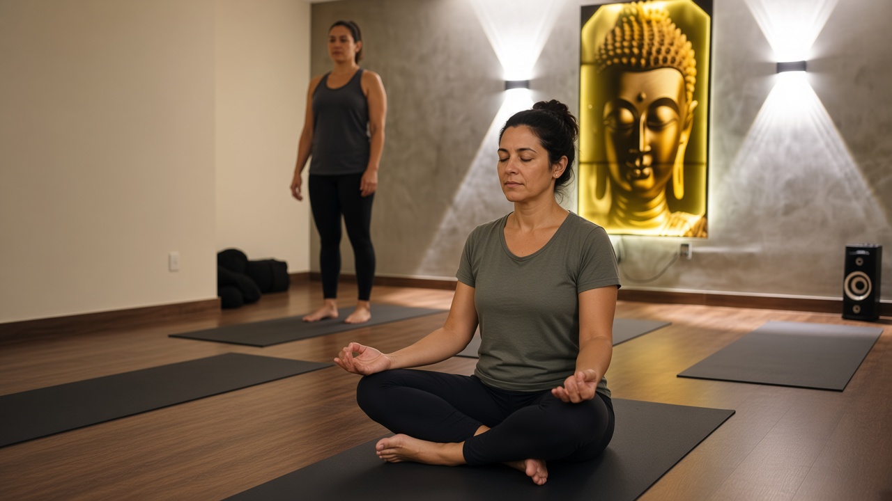 Mãos em jnana mudra sobre os joelhos, em meditação sentada no estúdio