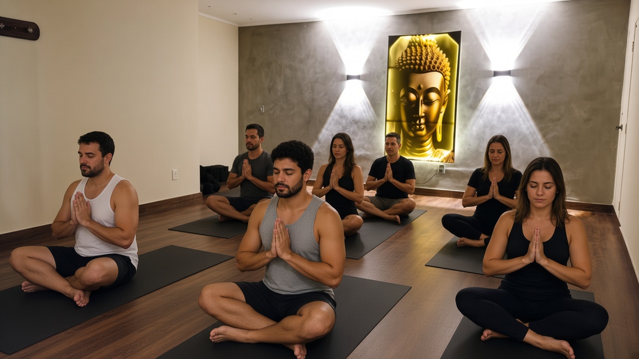 Turma sentada com palmas unidas ao peito, no início da aula, sem olhar para a câmera