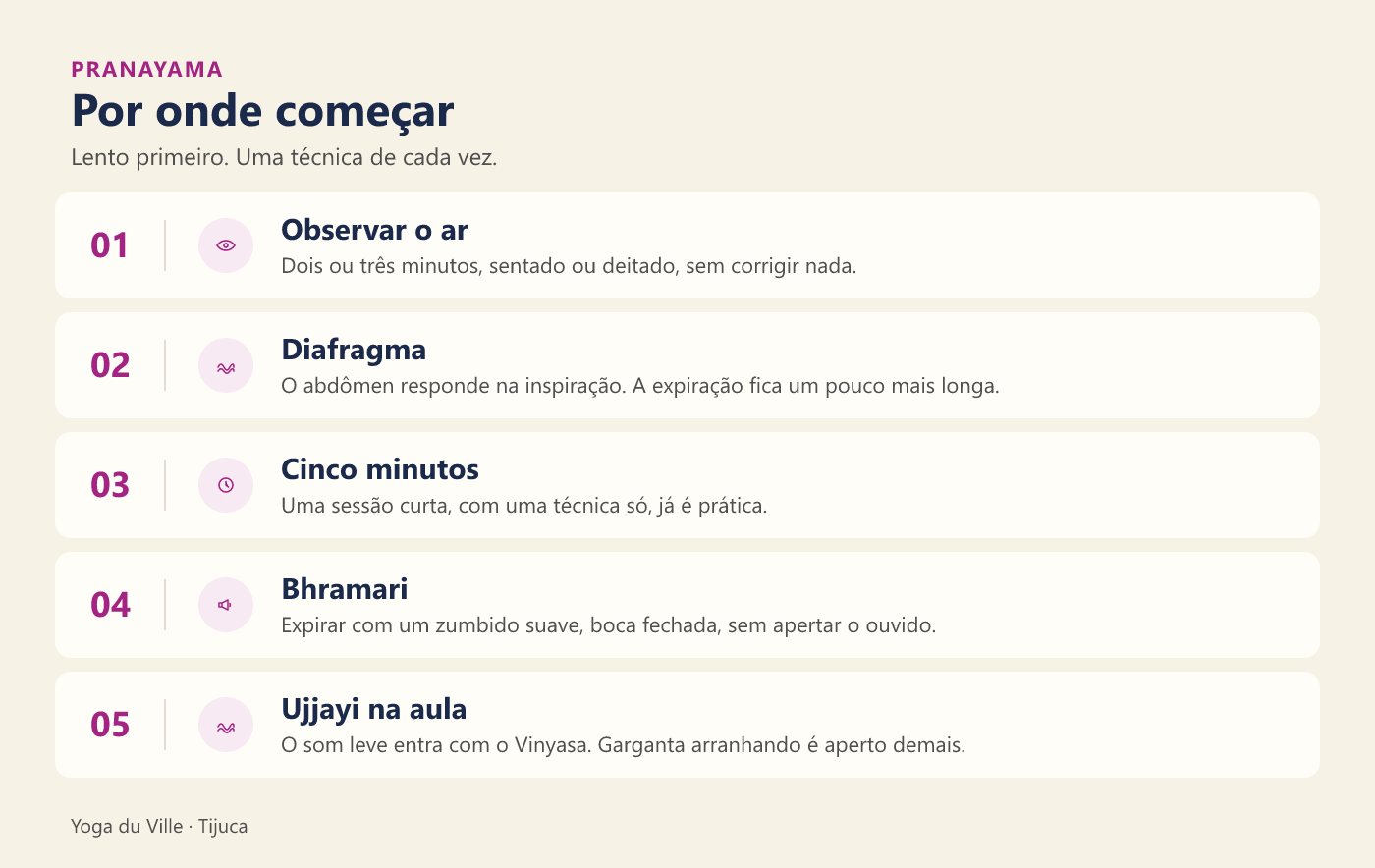 Infográfico: por onde começar o pranayama — observar, diafragma, cinco minutos, bhramari e ujjayi