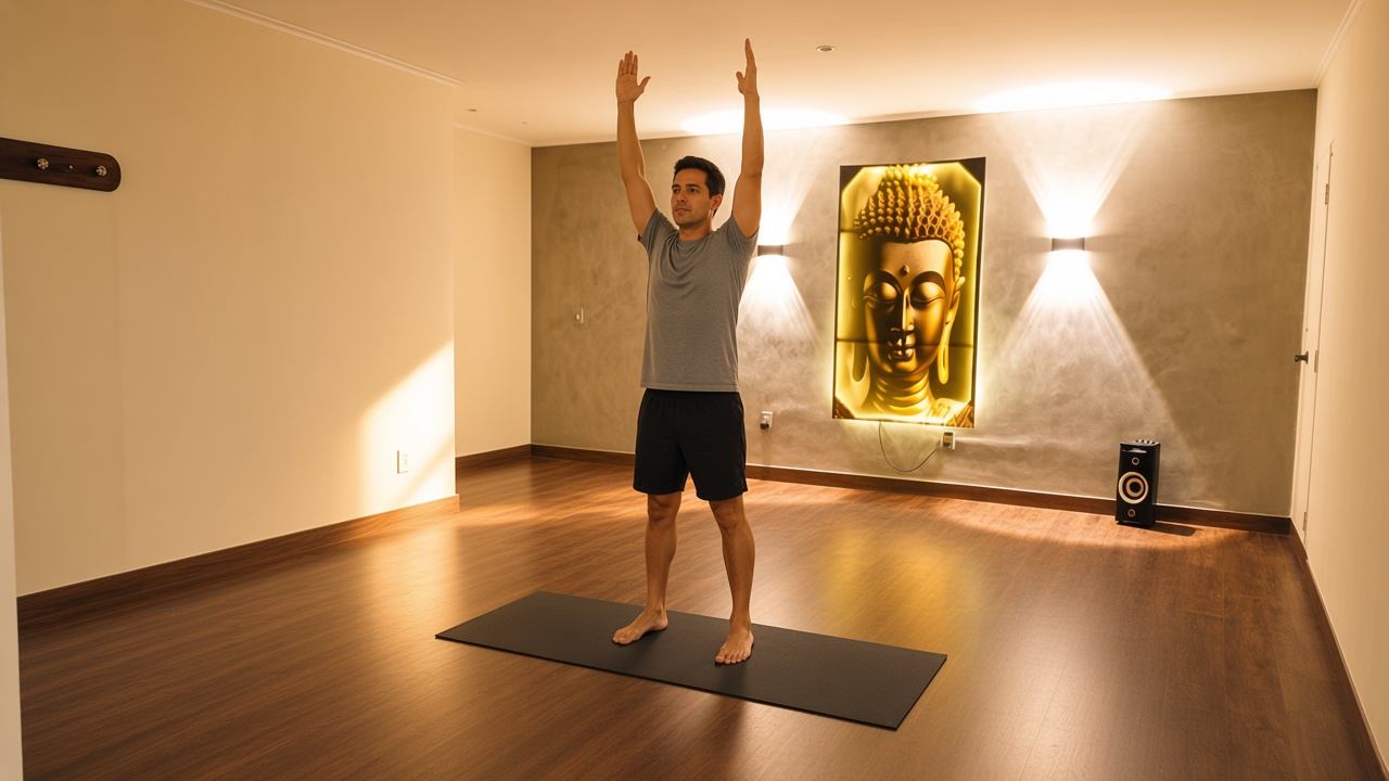 Praticante com os braços elevados em Urdhva Hastasana, no estúdio, luz da manhã