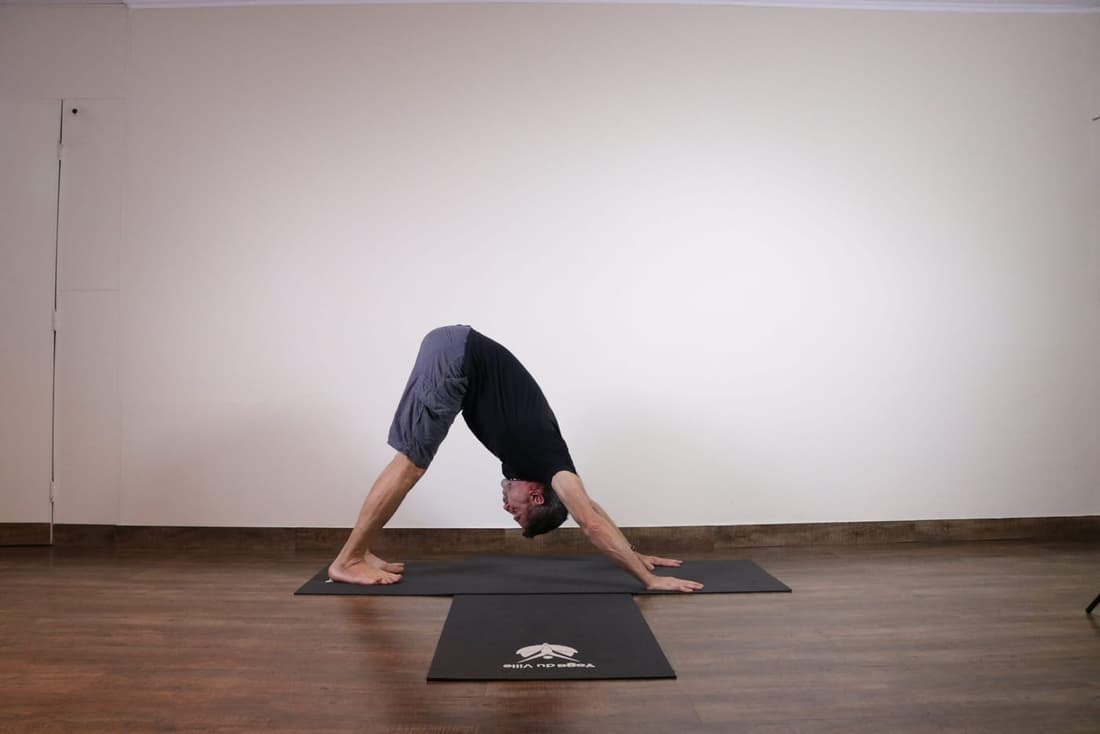 Instrutor Márcio praticando Adho Mukha Svanasana, postura do cachorro olhando para baixo, em aula no estúdio Yoga du Ville na Tijuca, RJ