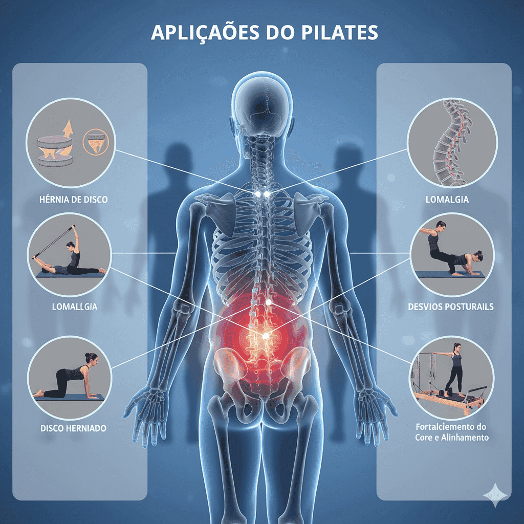 Aplicações do pilates para hérnia de disco, lombalgia e desvios posturais