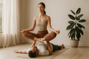 Mulher meditando em ambiente interno com bola de yoga ao lado, representando equilíbrio e concentração.