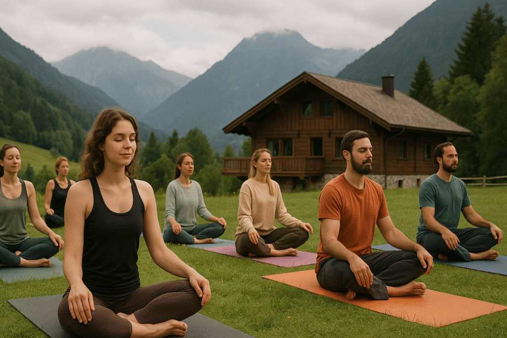 Grupo meditando ao ar livre em retiro de yoga, com casa de madeira e montanhas ao fundo.