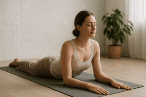 Mulher praticando Yin Yoga em ambiente calmo com luz suave, em postura relaxante e introspectiva.