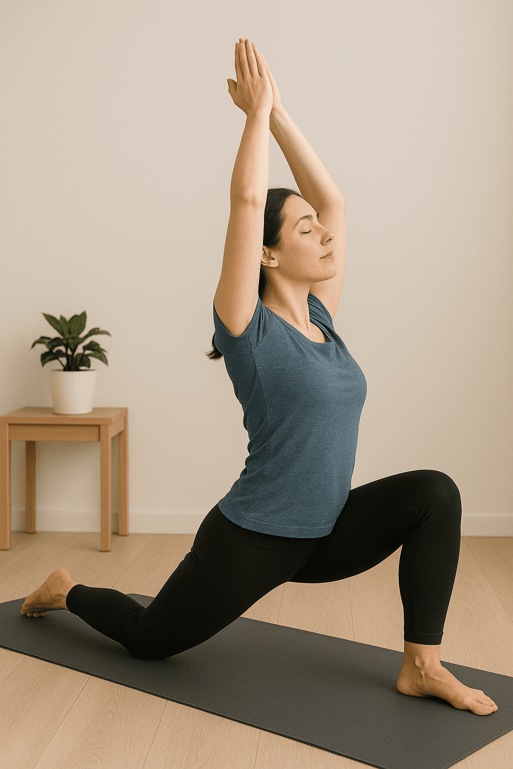 Mulher praticando Surya Namaskara, Saudação ao Sol no yoga, com braços erguidos em postura de alongamento
