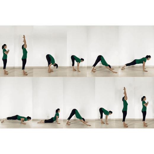 Sequência completa da Surya Namaskara, saudação ao sol no yoga, com diferentes posturas em transição