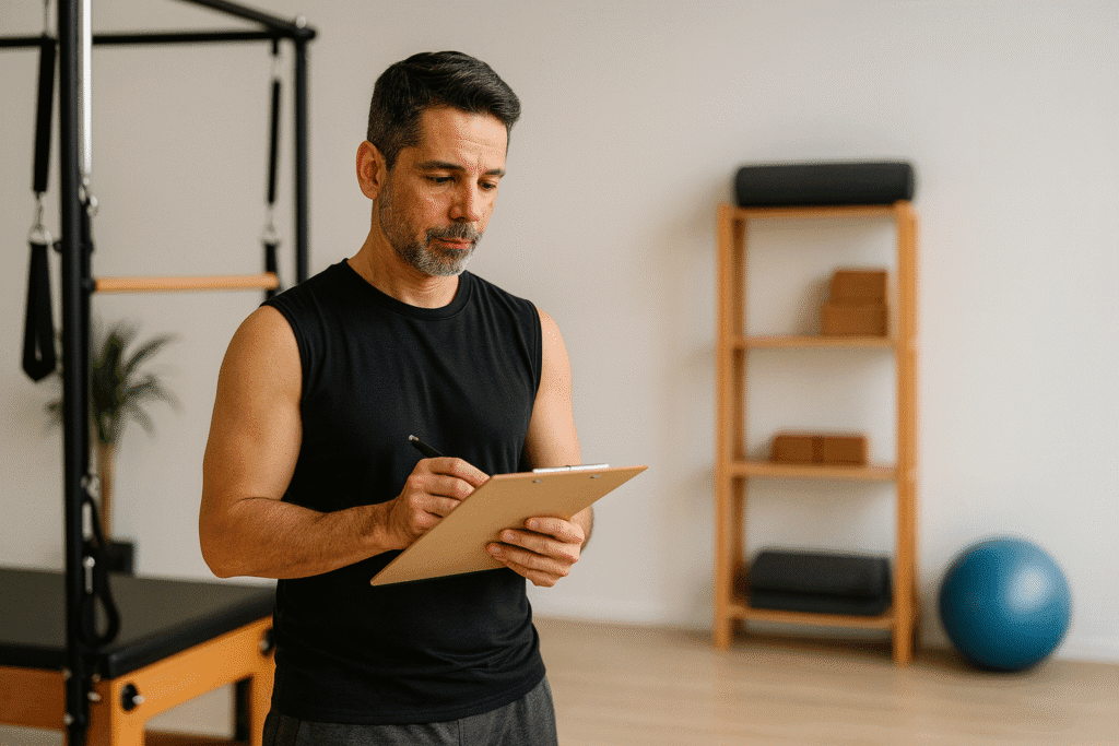 Professor Marcio anotando um Passo a passo de pilates na Tijuca RJ